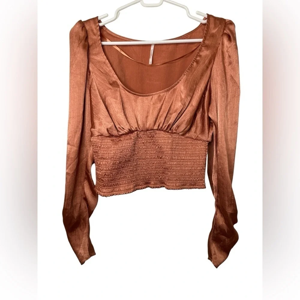 Free people santigo smocked long sleeve blouse pink cinnamon rosegold boho fairy